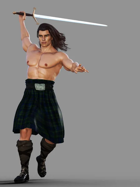 Fierce Shirtless Highlander Balançando Espada Ilustração — Fotografia de Stock