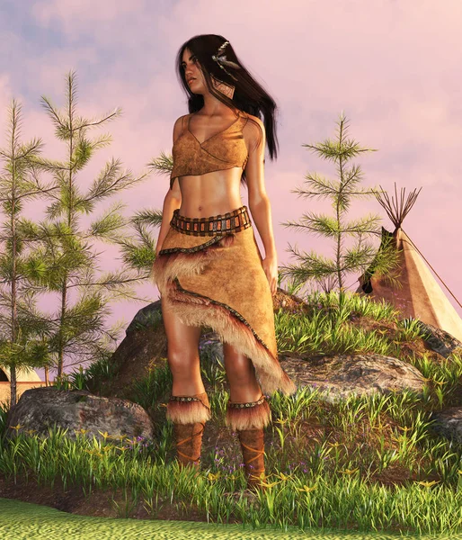 Indigenous Woman Standing Natural Clothes Illustration — Stock Photo, Image