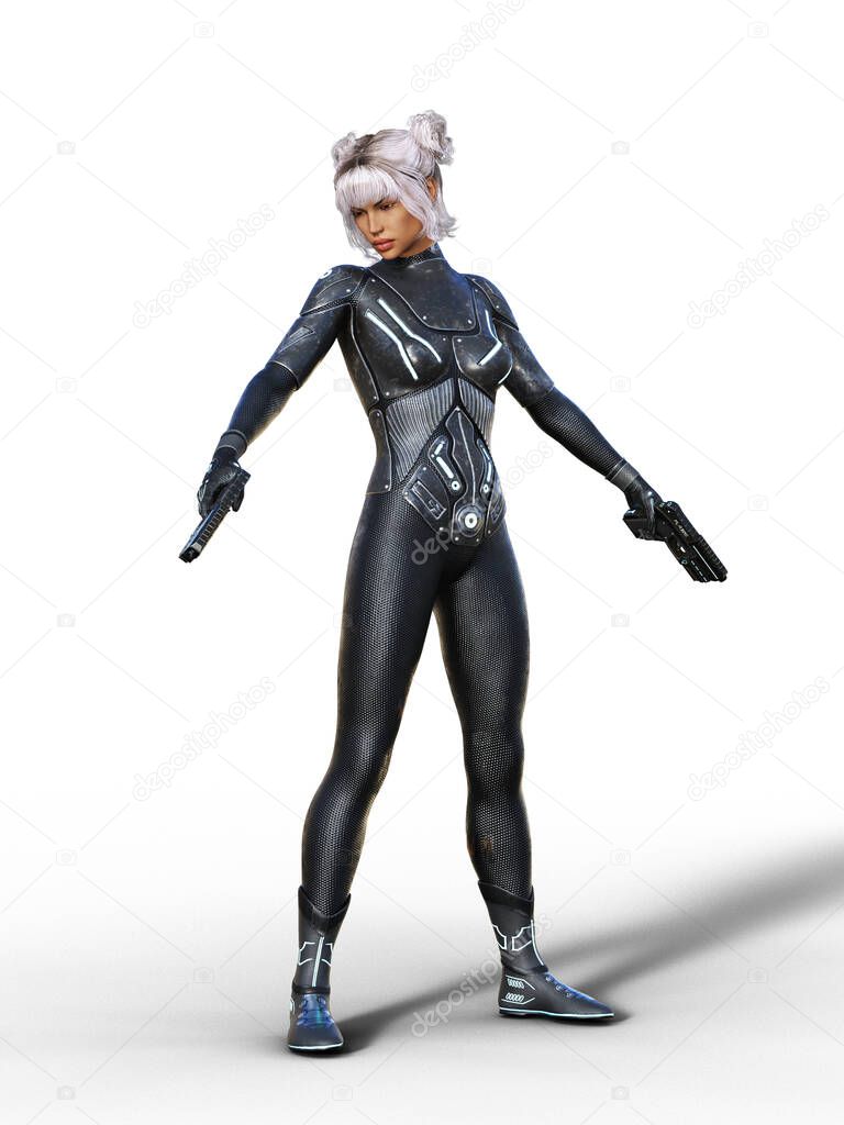 Futuristic soldier woman with guns illustration