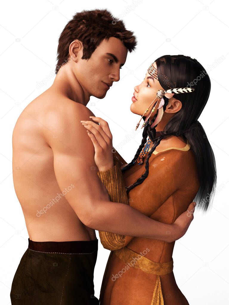 Interracial couple indigenous woman and white man in an embrace