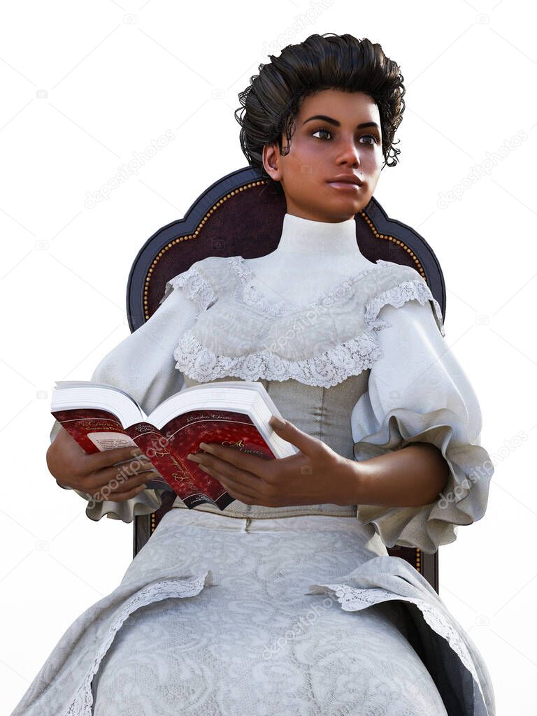 Thoughtful African victorian woman looking up from her book illustration