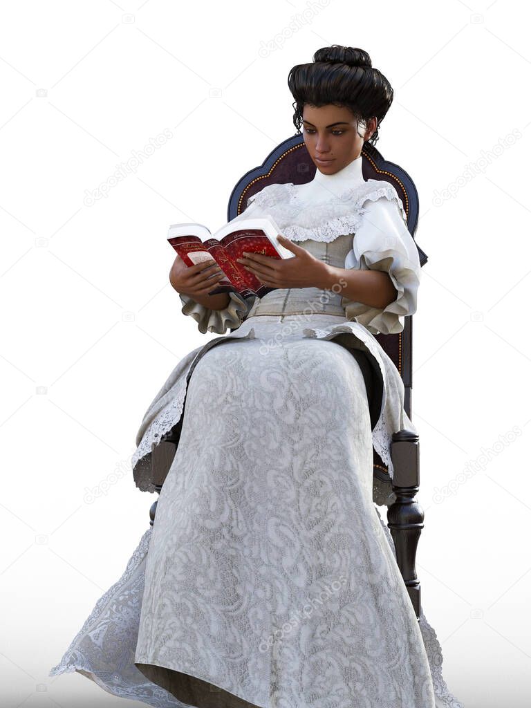 African victorian woman sitting and reading a book illustration