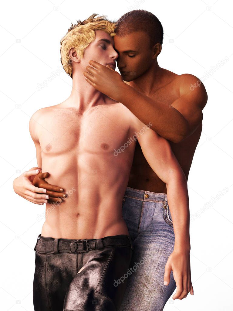 Shirtless gay mpreg men embrace interracial illustration