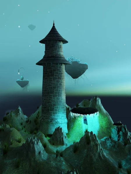 Teal Cielo Noche Con Torre Flotante Islas Fantasía Escena Ilustración —  Fotos de Stock