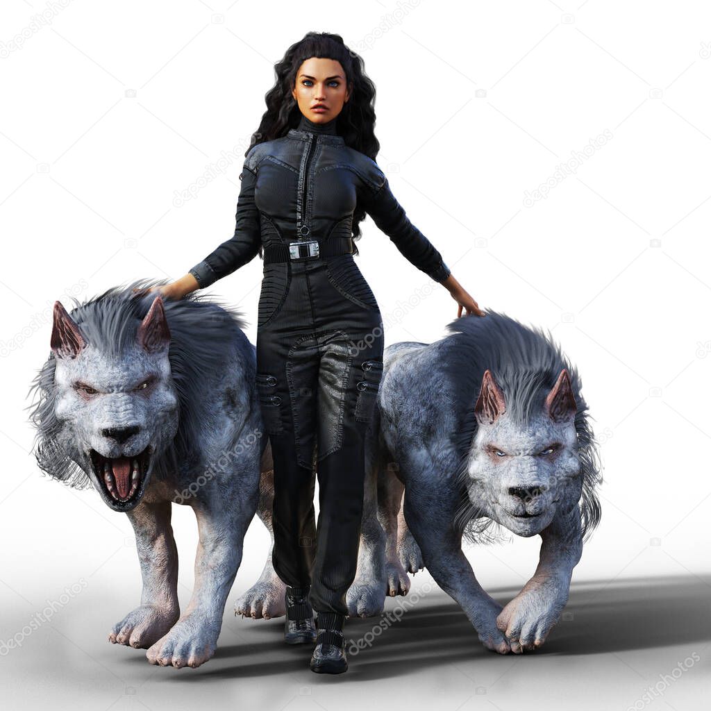 beautiful brunette Woman with two beasts on either side illustration
