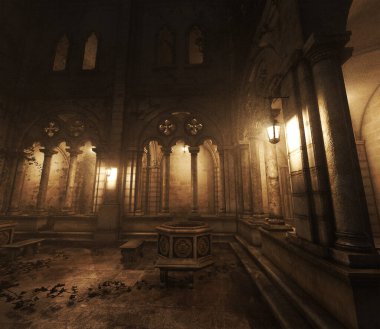 Golden glow of historic building at night illustration