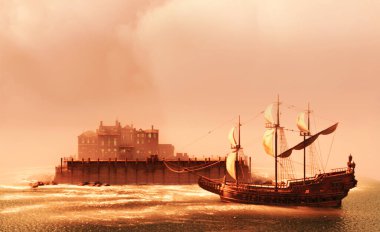 Pirate town on seashore at sunset illustration