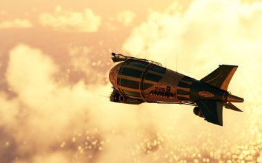 Airship travelling across golden cloud sky