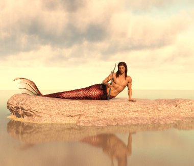 Merman reclining on rock in ocean illustration clipart