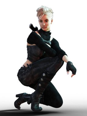 Young short hair blond assassin woman illustration