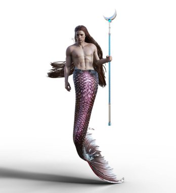 Merman with red tail holding sceptre staff illustration clipart