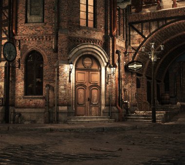 Steampunk Sokağı 3D canlandırma sahnesinde kapıyı kapat