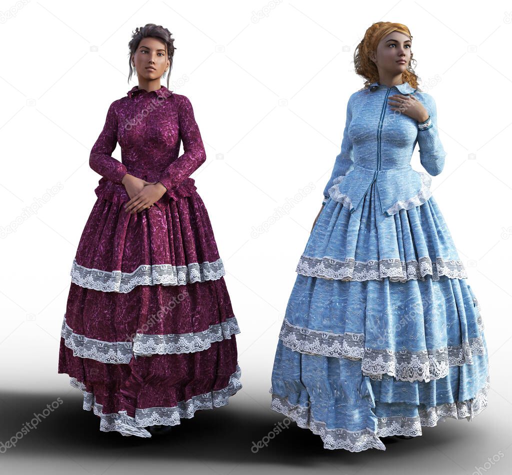 Two ladies in vintage ruffle dresses 3d render illustration