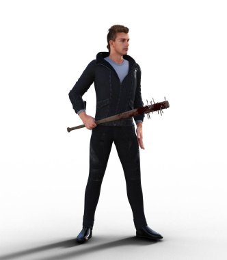 Elinde çivilerle beyzbol sopası tutan bir adam zombi kıyameti için hazır bekliyor.