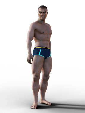 Tayt mayo giymiş seksi, güçlü Afrikalı bir adam 3D çizimler yapıyor.