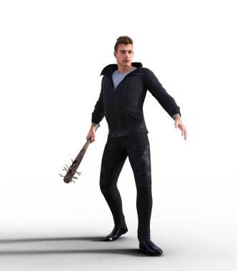 Elinde çivili beyzbol sopası olan bir adam kendini zombi istifçiliğinden korumaya hazır.