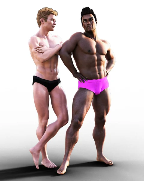 Sexy Interracial Los Hombres Pie Juntos Traje Baño Render —  Fotos de Stock