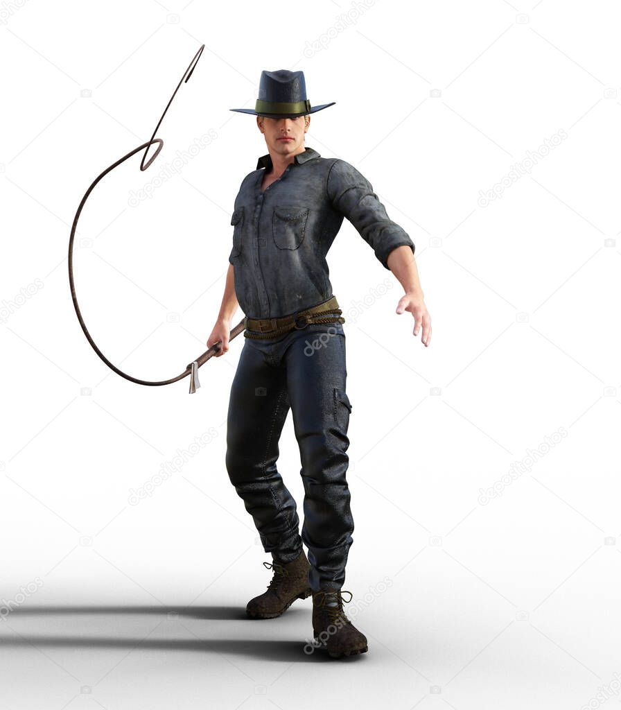 man standing with whip in air wearing fedora hat illustration