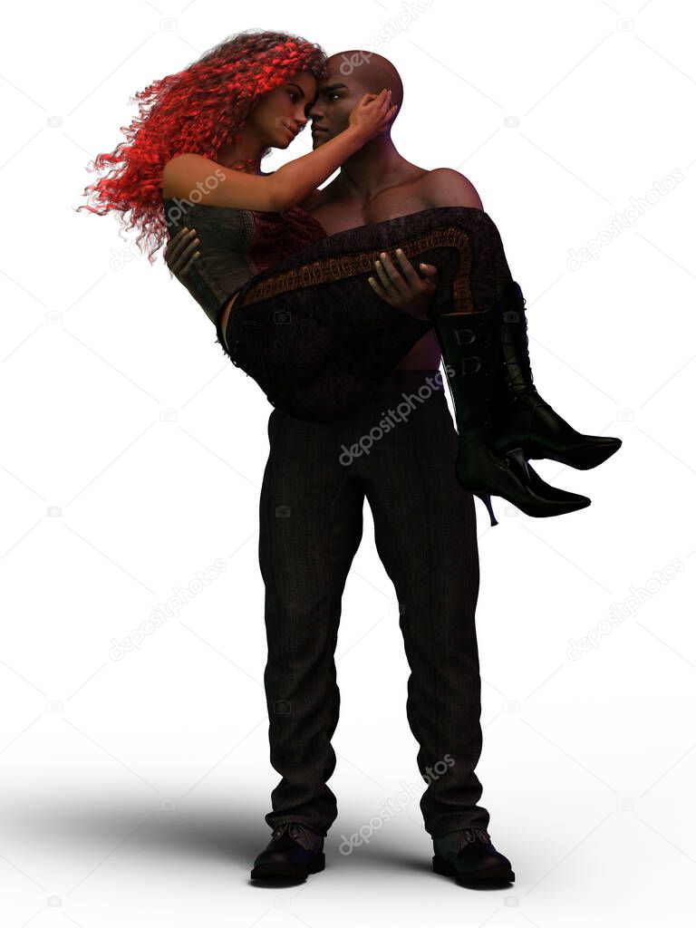 African man holding curly red haired african woman in his arms romance illustration