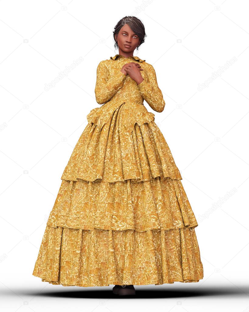 Young African victorian girl in gold ruffle gown 3d render