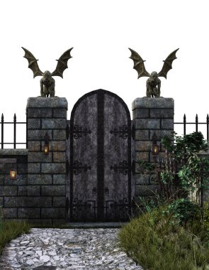 Gate with gargoyle statures on stone posts illustration