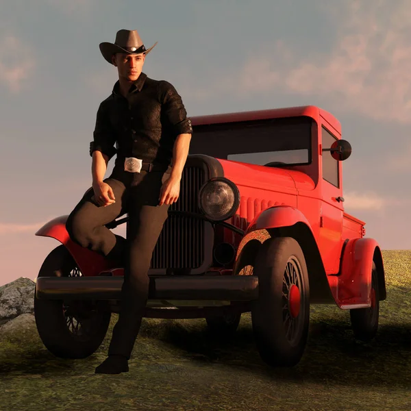 Western Man Sitting Hood Old Red Pickup Truck Illustration — Stockfoto