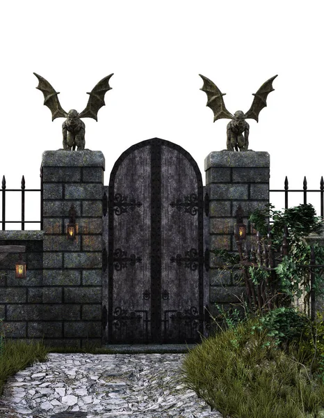 Taş direkler üzerinde heykel heykelleri olan kapı.