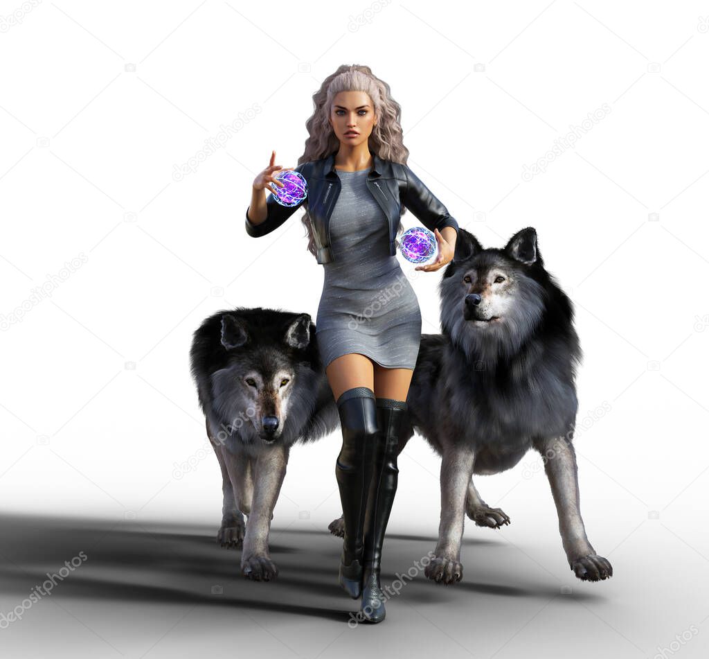 magical woman with two wolves at her side illustration