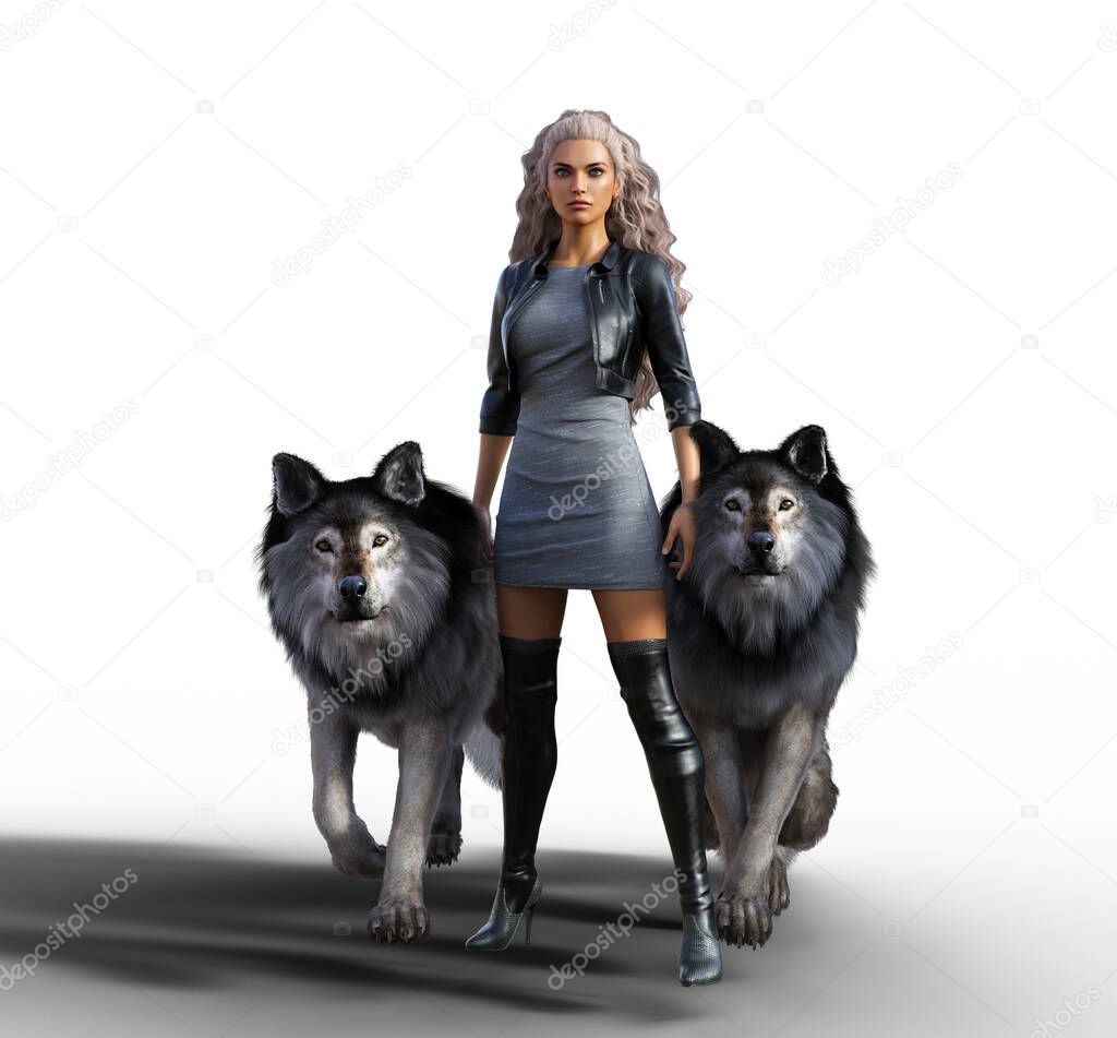 Academy fantasy sorceress woman with two wolves illustration