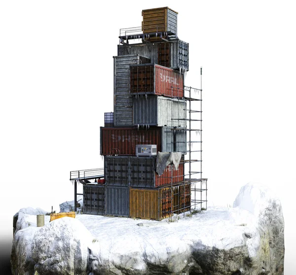 post-apocalyptic shipping container house illustration