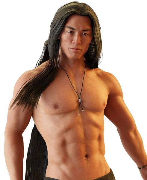 Sexy Shirtless Asian Man Long Black Hair Illustration — Fotografia de Stock