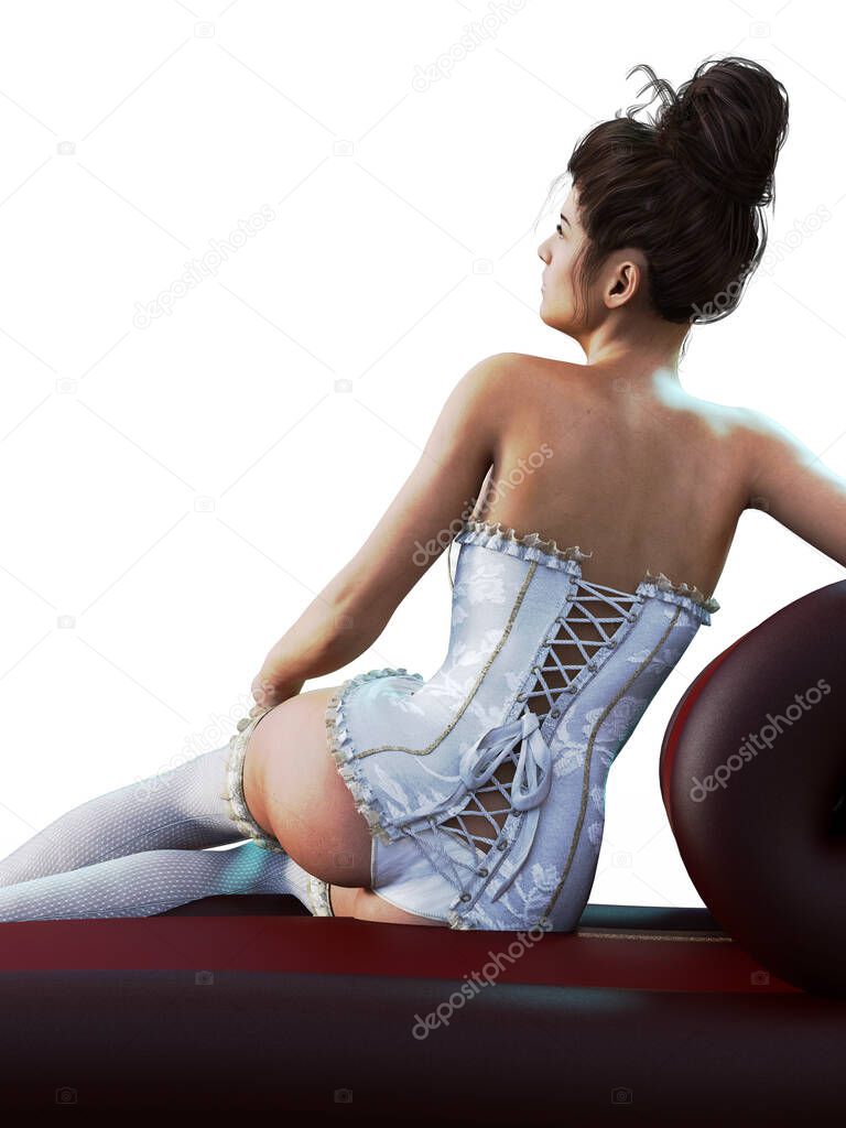 Historical rear view of lady in white satin corset illustration