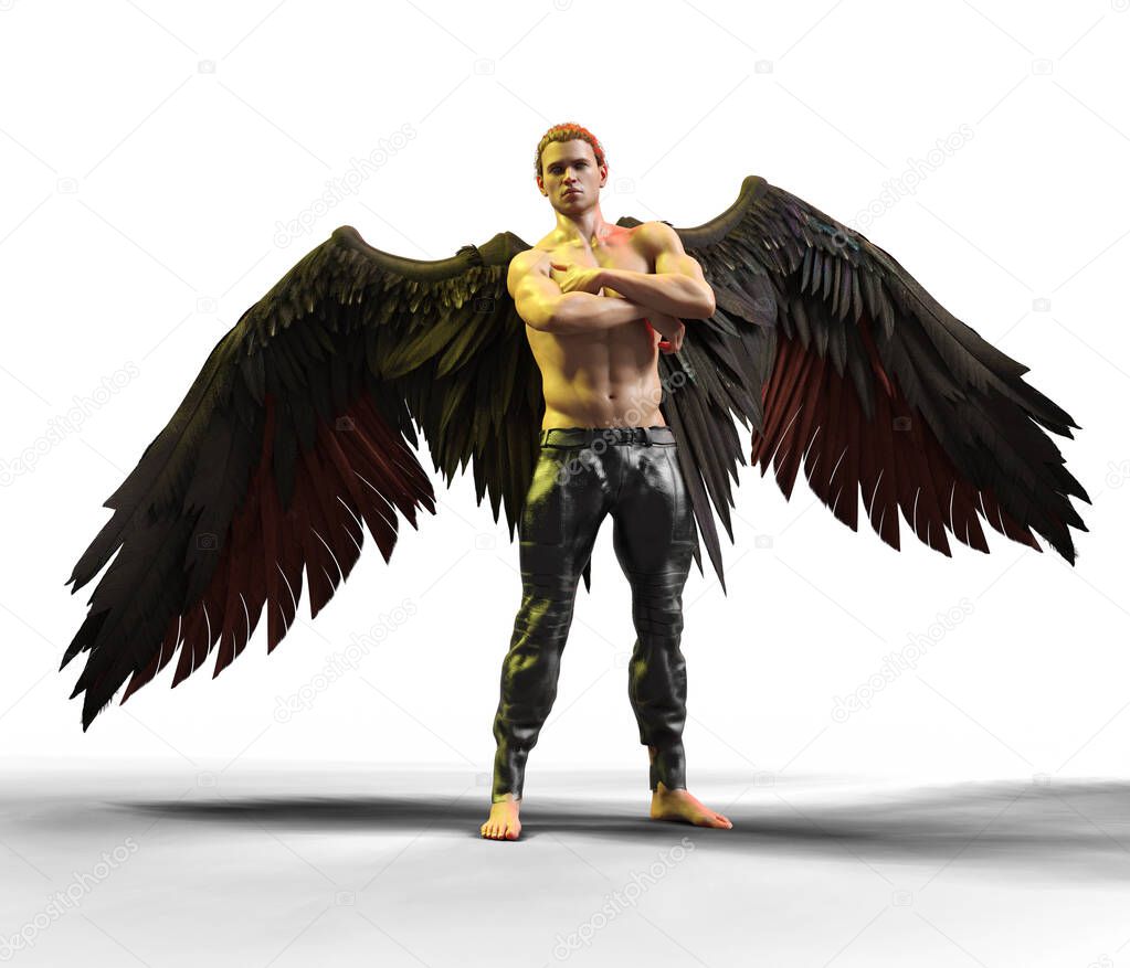 handsome shirtless dark feathered angel winged man illustration