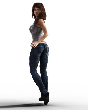 Genç bir kadın arkasını dönüp, omuz resimlerinin üstünden bakıyor.