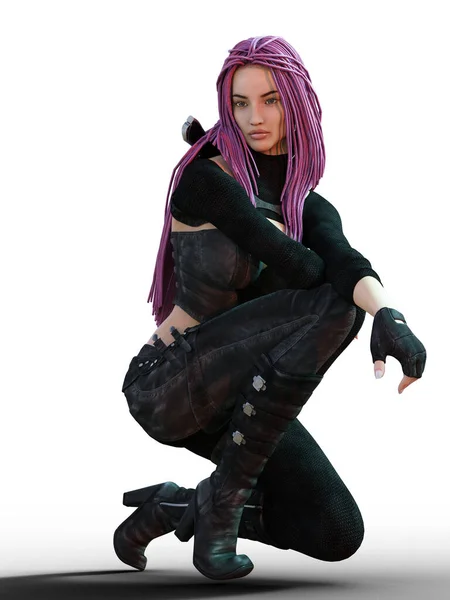 Woman Kneeling Leather Outfit Long Pink Dreads Illustration — Stockfoto
