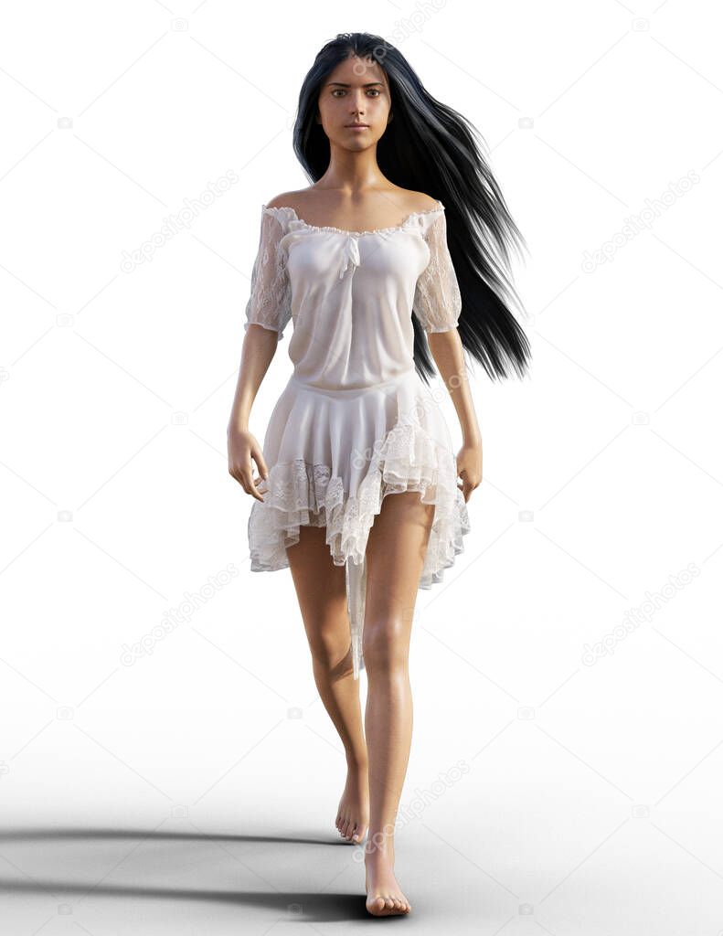 Cast away woman with long black hair walking in sheer white cotton garment illustration
