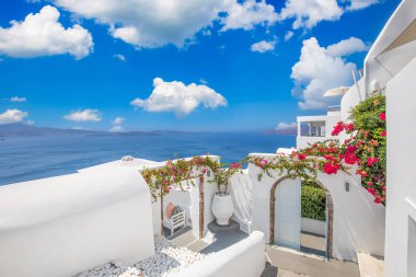 Europe summer destination. Traveling concept, sunny scenic famous landscape of Santorini island, Oia, Greece. Caldera sea view, blue sunny sky dream cityscape. Vacation panorama, amazing outdoor scene