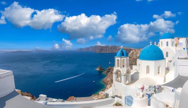 Europe summer destination. Traveling concept, sunny scenic famous landscape of Santorini island, Oia, Greece. Caldera sea view, blue sunny sky dream cityscape. Vacation panorama, amazing outdoor scene