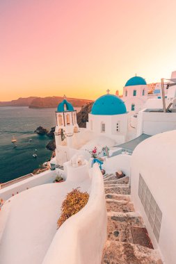 Europe summer destination. Traveling concept, sunny scenic famous landscape of Santorini island, Oia, Greece. Caldera sea view, blue sunny sky dream cityscape. Vacation panorama, amazing outdoor scene