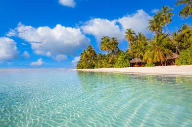 Panoramic landscape view of white beach sand sea water and blue sky clear background. 