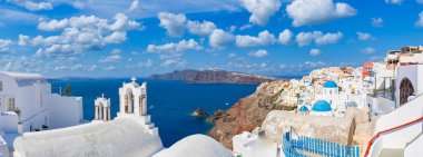 Europe summer destination. Traveling concept, sunny scenic famous landscape of Santorini island, Oia, Greece. Caldera sea view, blue sunny sky dream cityscape. Vacation panorama, amazing outdoor scene