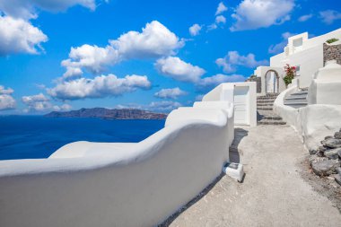 Europe summer destination. Traveling concept, sunny scenic famous landscape of Santorini island, Oia, Greece. Caldera sea view, blue sunny sky dream cityscape. Vacation panorama, amazing outdoor scene