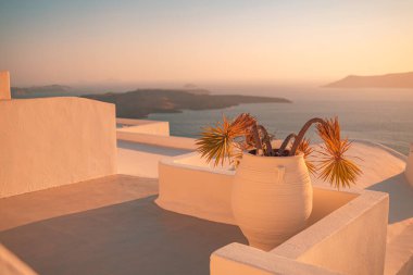 Europe summer destination. Traveling concept, sunny scenic famous landscape of Santorini island, Oia, Greece. Caldera sea view, blue sunny sky dream cityscape. Vacation panorama, amazing outdoor scene