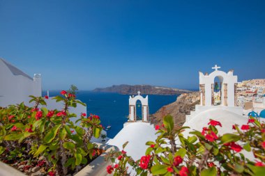 Europe summer destination. Traveling concept, sunny scenic famous landscape of Santorini island, Oia, Greece. Caldera sea view, blue sunny sky dream cityscape. Vacation panorama, amazing outdoor scene