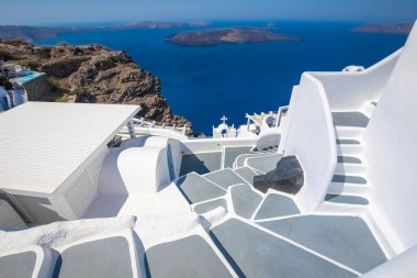 Europe summer destination. Traveling concept, sunny scenic famous landscape of Santorini island, Oia, Greece. Caldera sea view, blue sunny sky dream cityscape. Vacation panorama, amazing outdoor scene