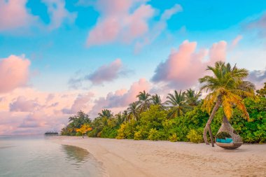 Panoramic landscape view of white beach sand sea water and blue sky clear background. 
