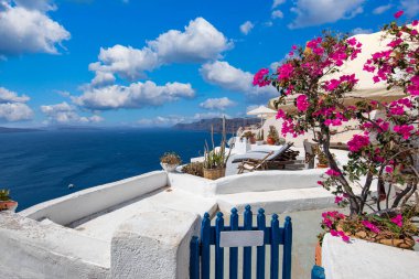 Europe summer destination. Traveling concept, sunny scenic famous landscape of Santorini island, Oia, Greece. Caldera sea view, blue sunny sky dream cityscape. Vacation panorama, amazing outdoor scene