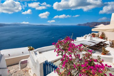 Europe summer destination. Traveling concept, sunny scenic famous landscape of Santorini island, Oia, Greece. Caldera sea view, blue sunny sky dream cityscape. Vacation panorama, amazing outdoor scene