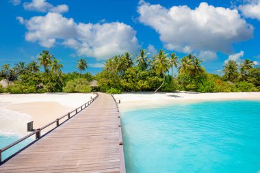 Idyllic tropical beach landscape for background or wallpaper. Design of tourism for summer vacation landscape, holiday destination concept. Exotic island scene, relaxing view. Paradise seaside lagoon