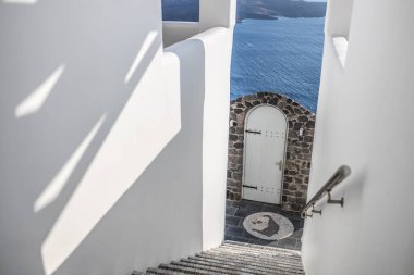 Europe summer destination. Traveling concept, sunny scenic famous landscape of Santorini island, Oia, Greece. Caldera sea view, blue sunny sky dream cityscape. Vacation panorama, amazing outdoor scene